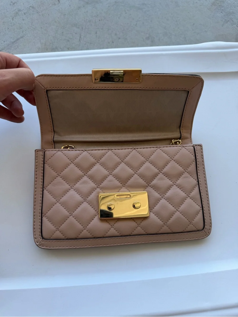 Michael Kors Quilted Nude Beige Wristlet with Gold Hardware and chain